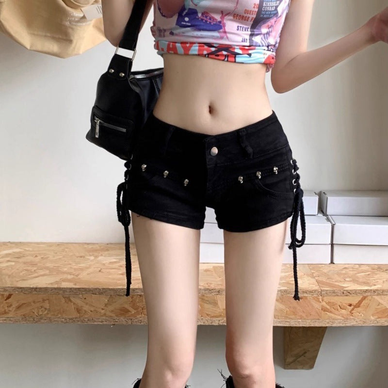 High Quality American Retro Tight Black Denim Shorts
