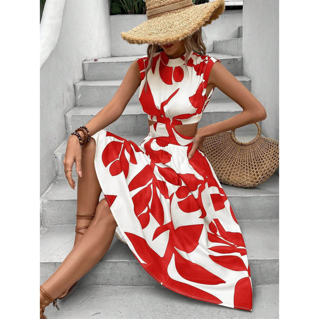 Round Neck Short Sleeve High Waist Plant Flower Print Women Dress