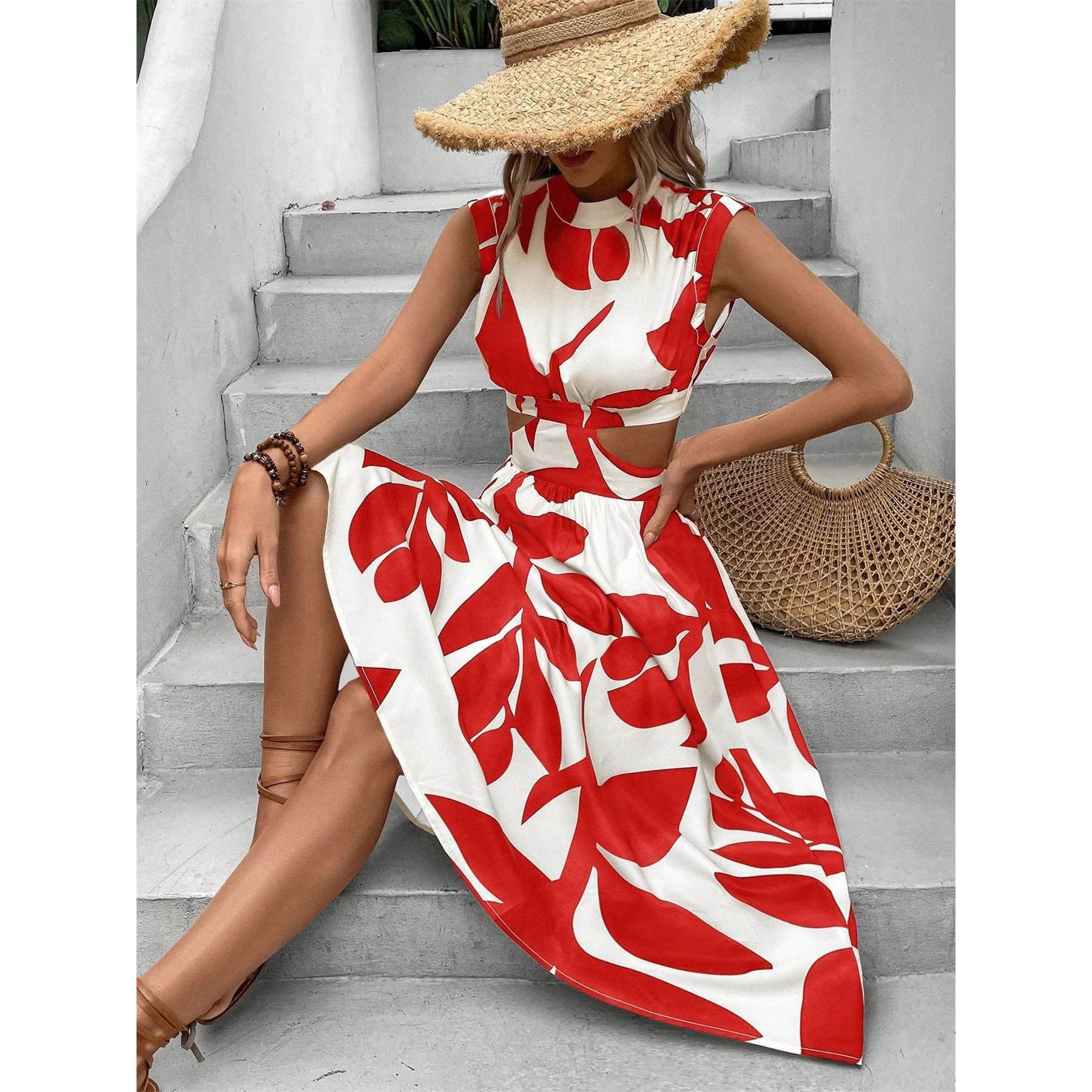 Round Neck Short Sleeve High Waist Plant Flower Print Women Dress