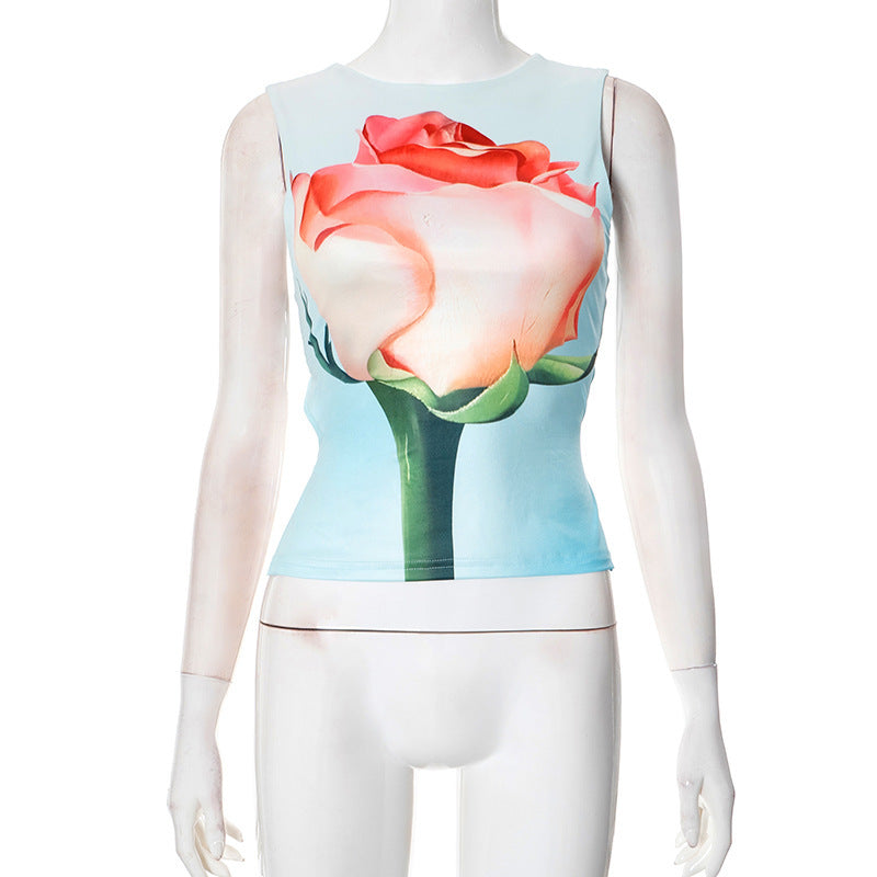 Contrast Color Sleeveless Strap Printing Vest Top