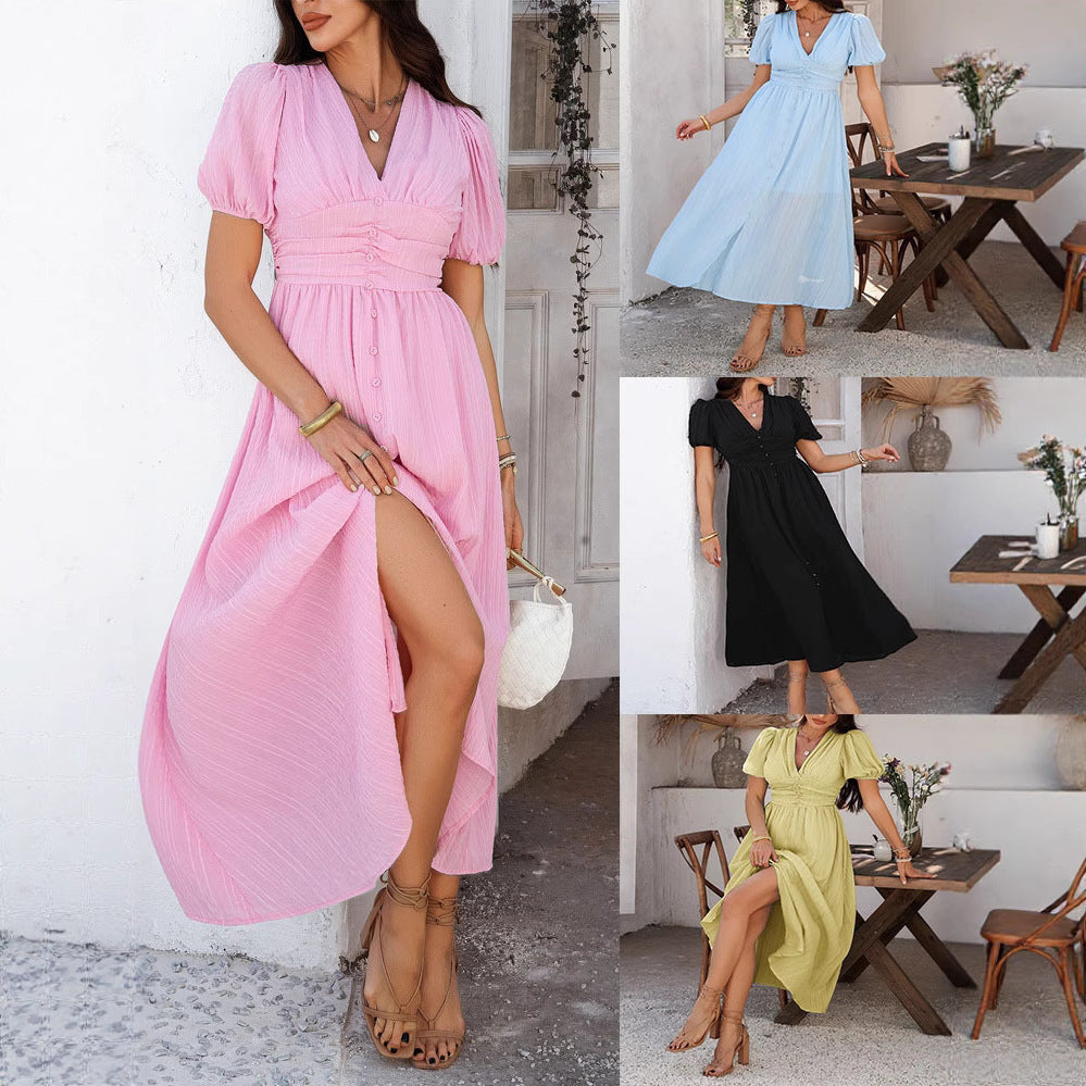 Leisure Commute Vacation Style V-neck High Waist Short Sleeve Split Dress Women