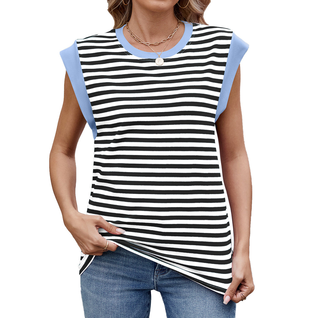 Striped Contrast Color Round Neck Loose Short Sleeves