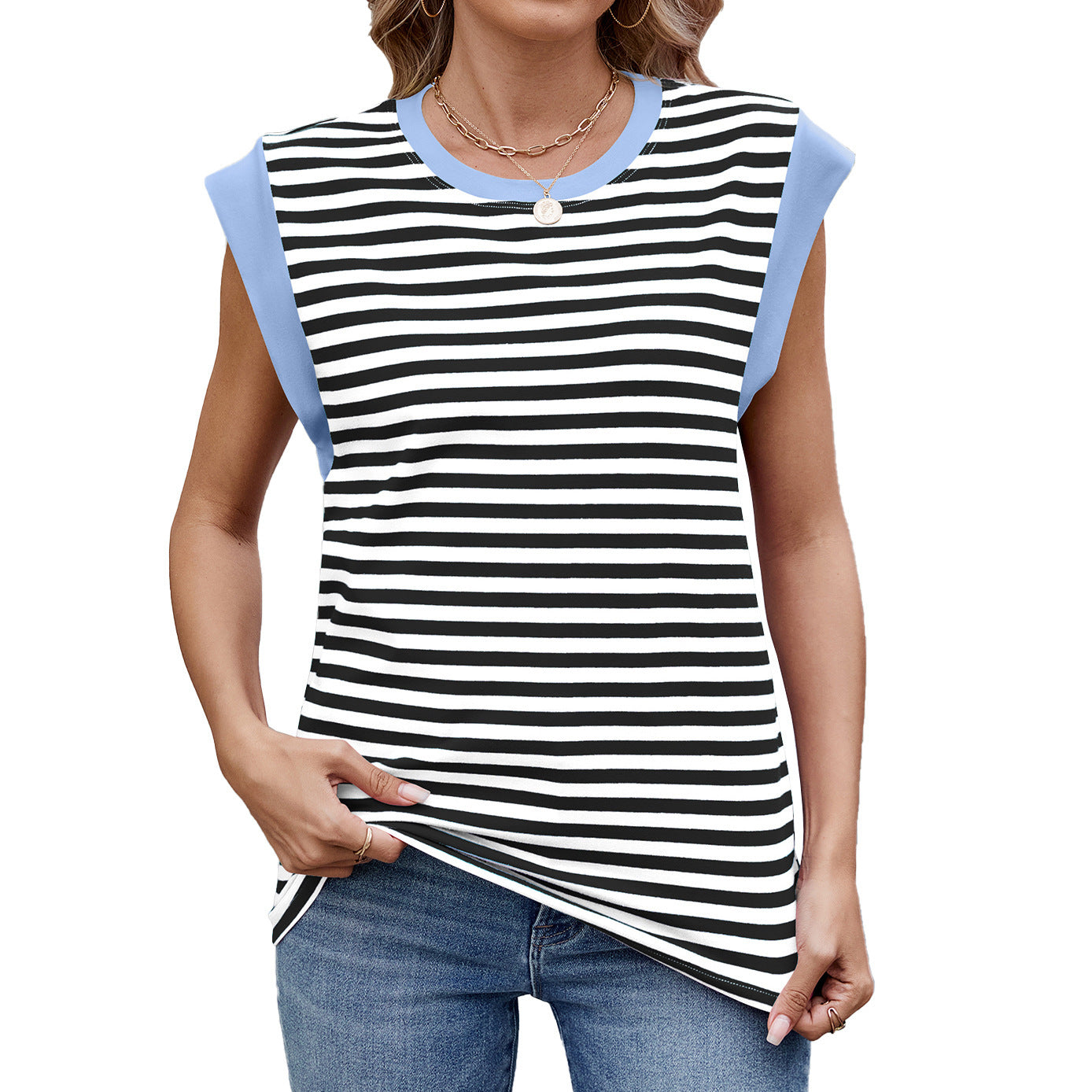 Striped Contrast Color Round Neck Loose Short Sleeves