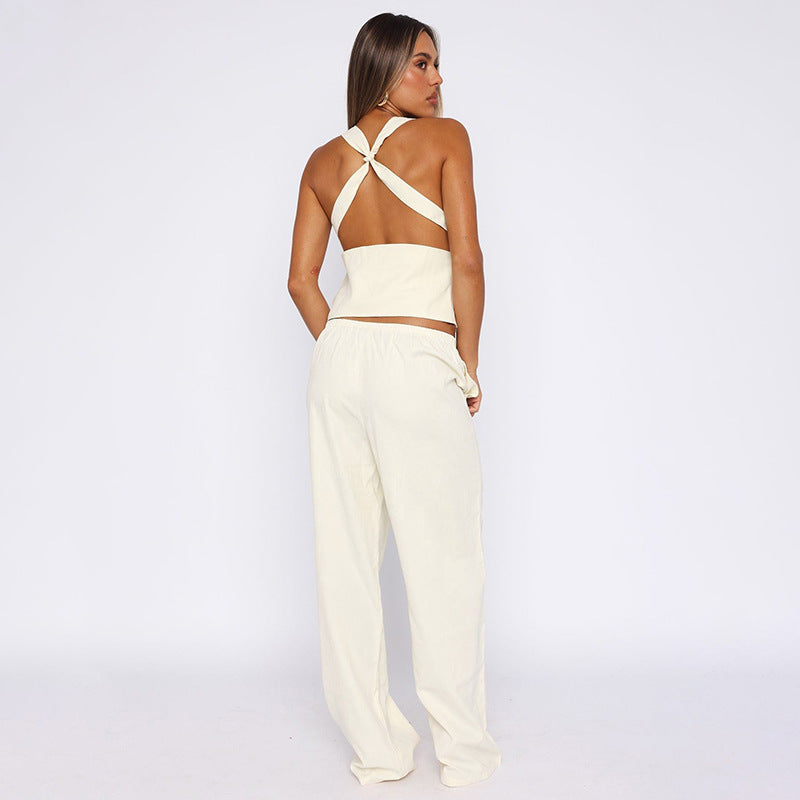 Solid Color Sleeveless Cross Strap Straight-leg Trousers Suit