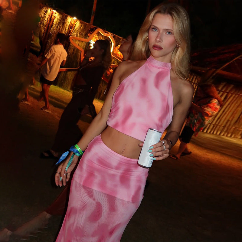 Sexy Halter Backless Print Mesh Skirt Suit
