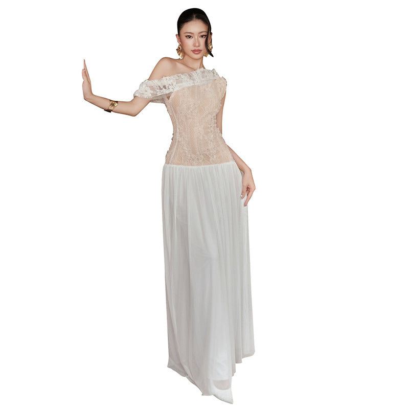 European And American Slant Shoulder Lace Mesh Elegant Long Dress