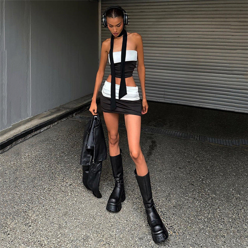 European And American Contrast Color Fashion Design Street Tube Top Sexy Backless Slim Fit High Waist Suit