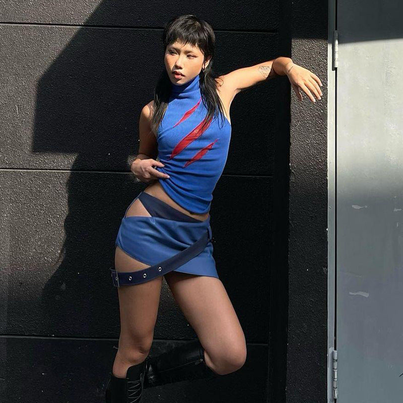 European And American Personalized Hot Girl Street Fashion High Collar Contrast Color Slim Fit Sleeveless Vest