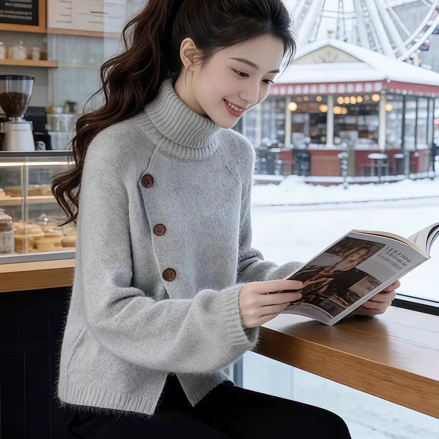 Stylish Elegant And Stunning Gray Turtleneck Long-sleeve Sweater