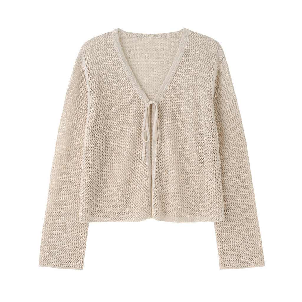 Pure Color Slimming V-neck Lace-up Hollow Knitted Cardigan