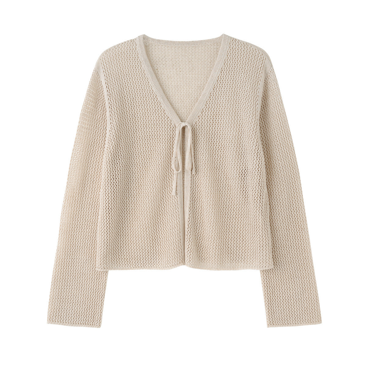 Pure Color Slimming V-neck Lace-up Hollow Knitted Cardigan