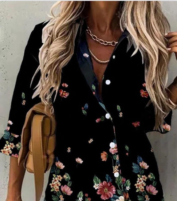 Spring And Summer New Fashionable Printed Collar Long Sleeved Shirt For Women