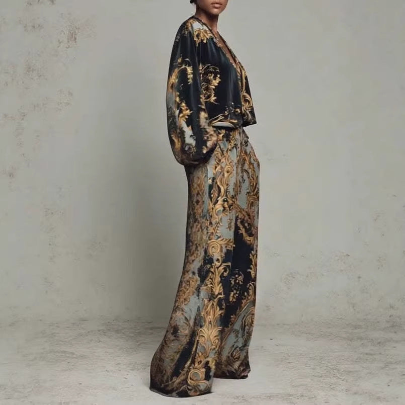 Womens Early Spring Resort-Style V-Neck Korean Fleece Print Set