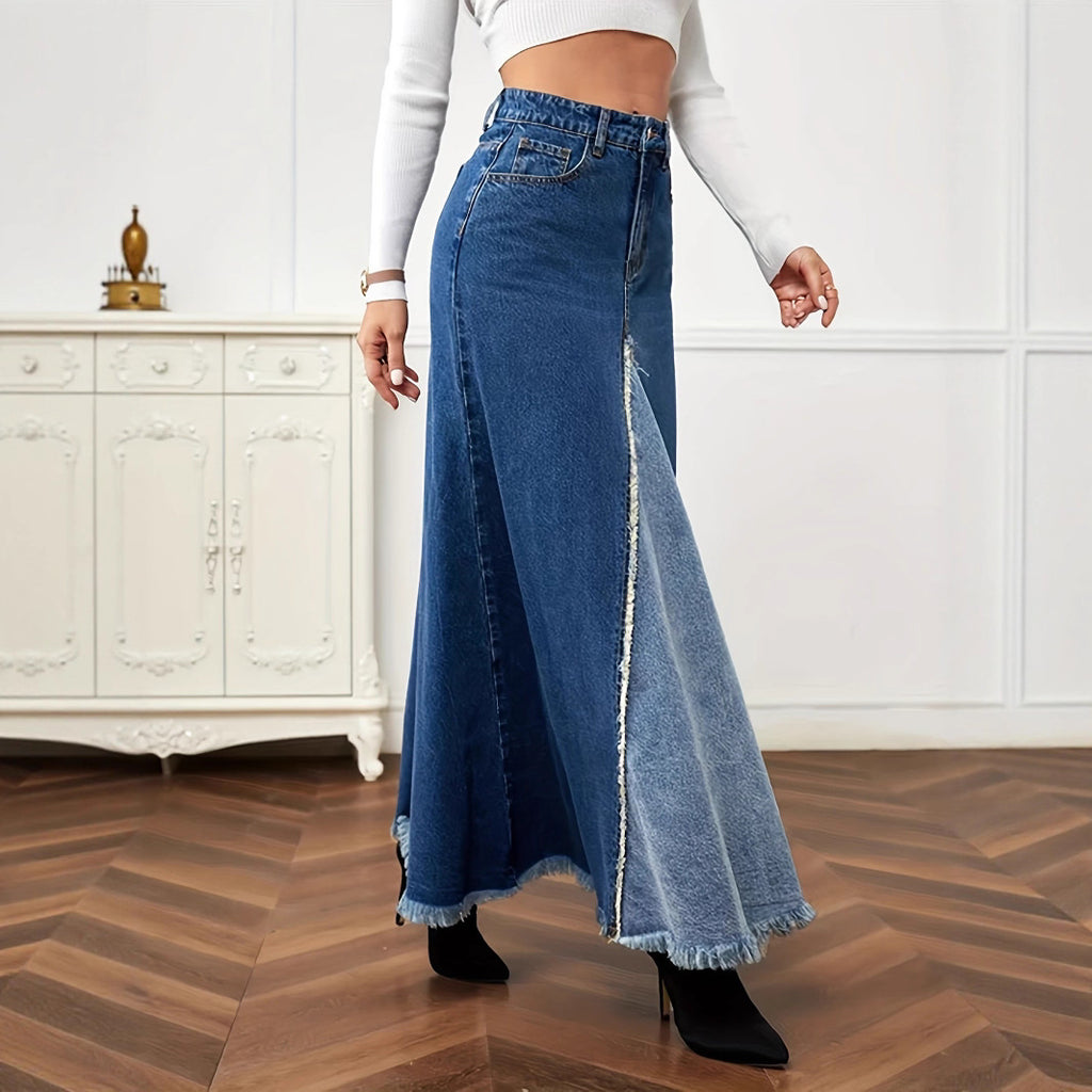 Womens Patchwork Denim Raw-Hem Skirt