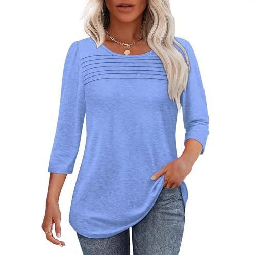 Ladies' Autumn And Winter Round Neck Three-quarters Sleeved Chest Tuck Line Pleated Top