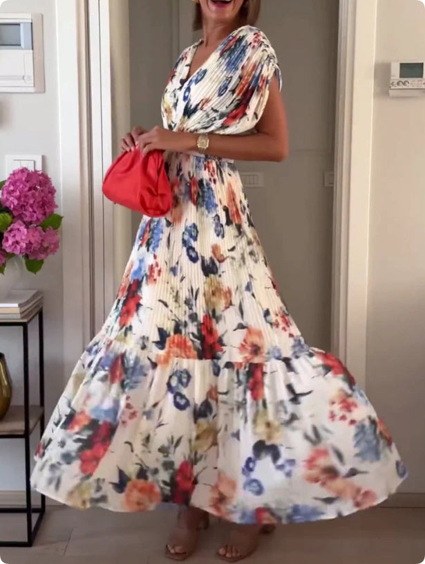 Elegant V-neck Printed Pleated Dress Women