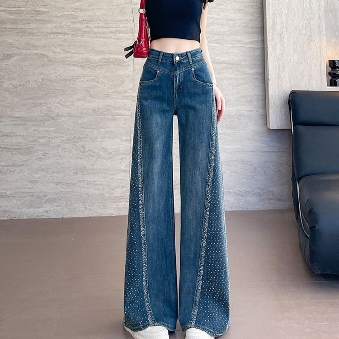 Hot-stone Embellished Wide-leg Flared Denim Jeans For Women Loose Fit In Washed Blue