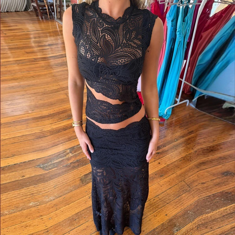 Hollow Personality Sleeveless Top Sexy Lace Sheath Skirt Suit