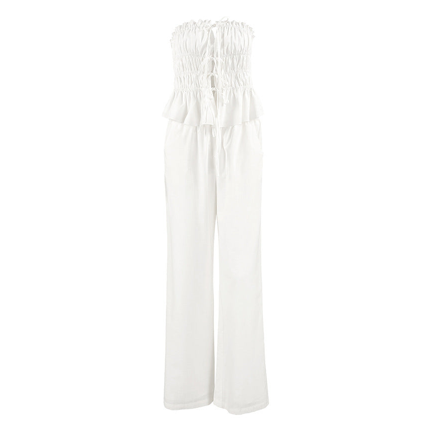 White Cotton Linen Tube Top Wide Leg Casual Pants Lace-up Suit