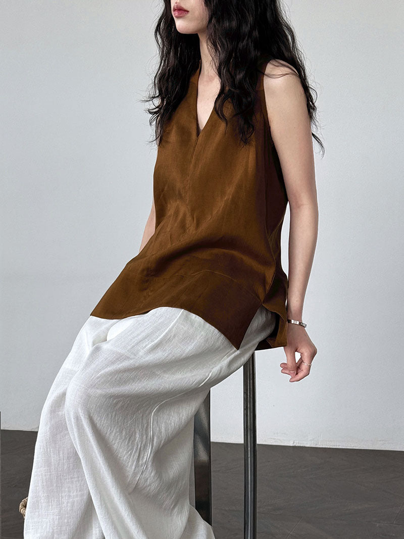 French Linen V-neck Halter Vest For Women