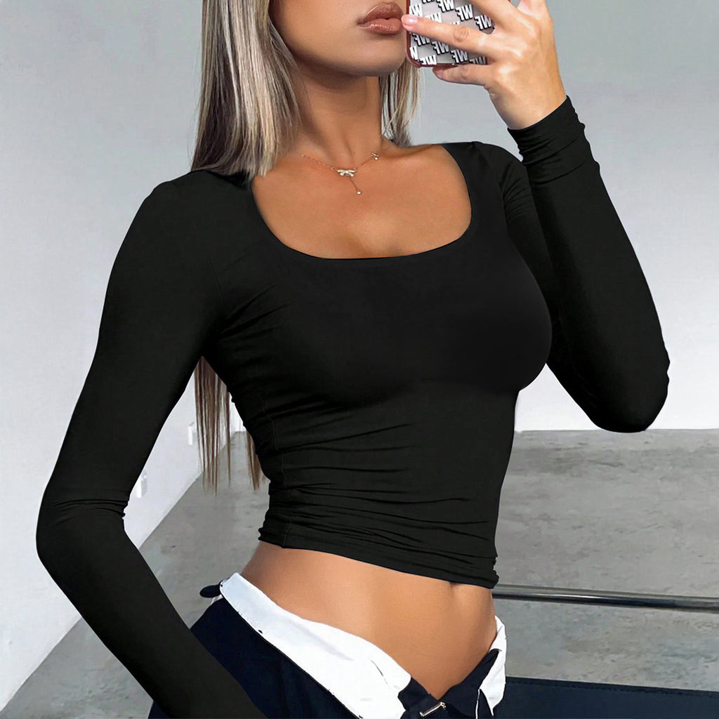 Slim-Fit U-collar Bm Solid Color Long-sleeved T-shirt For Women