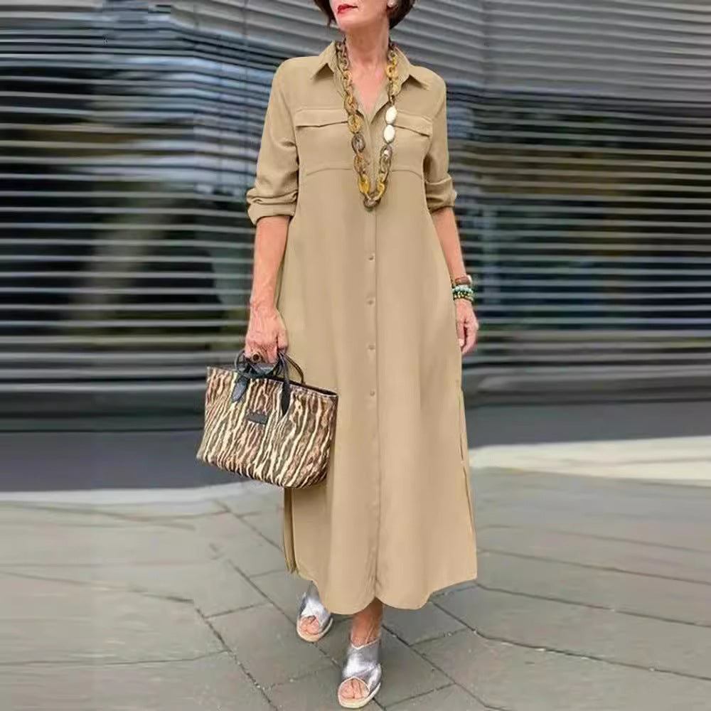 Elegant Solid Color Long Sleeve Button Lapel Dress