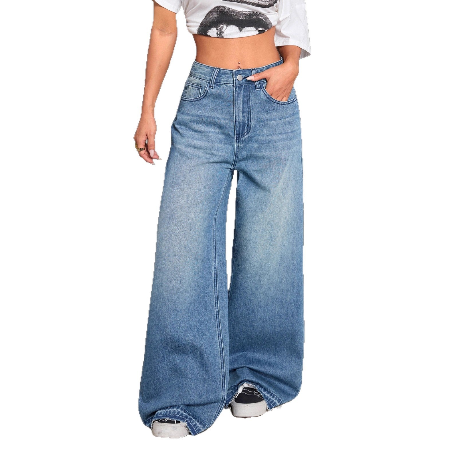 High-Street Vintage Solid-Color Wide-Leg Denim Jeans For Women