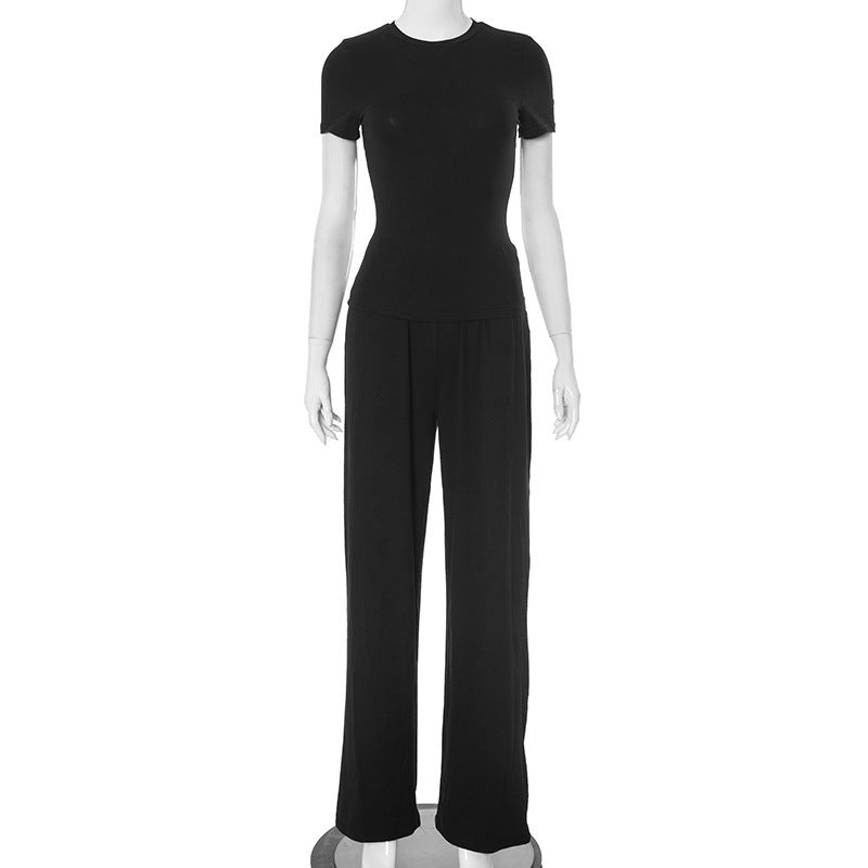 Spring And Summer Round Neck Solid Color Slim Fit Pullover Elastic Waist Wide Leg Trousers Suit