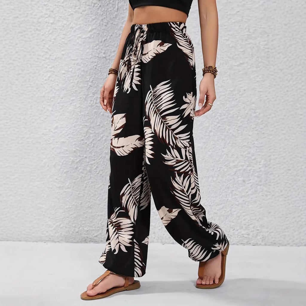 Leaf Pattern Waist Thin Belt Comfortable Casual Pants Trousers