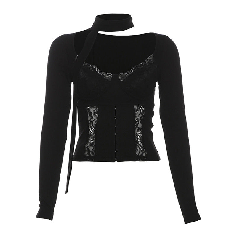 Women's Lace Short Stitching Slim Fit Square Collar Top