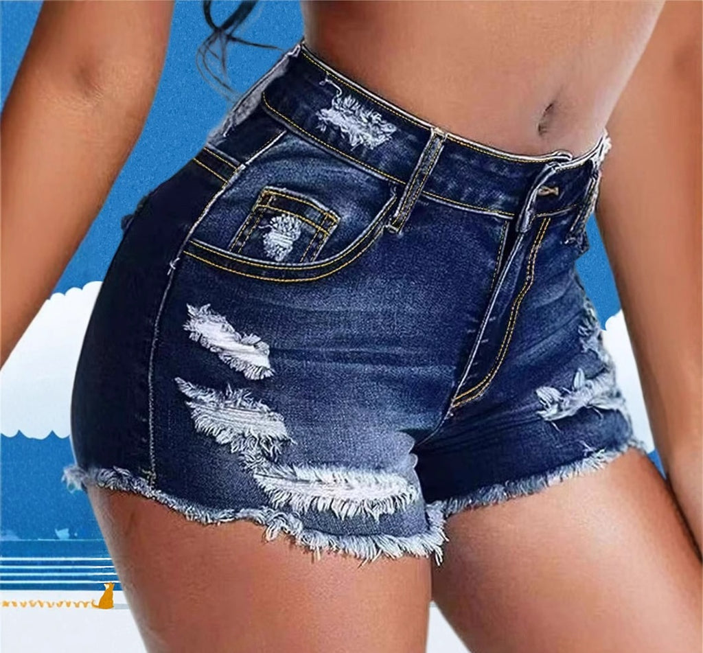 Mid-Waist Slim-Fit Ripped Shorts