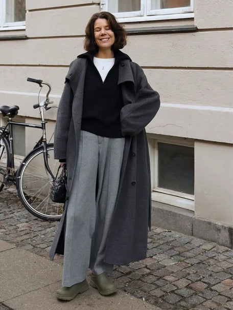 Retro Solid Stand Collar Long Tweed Coat Women