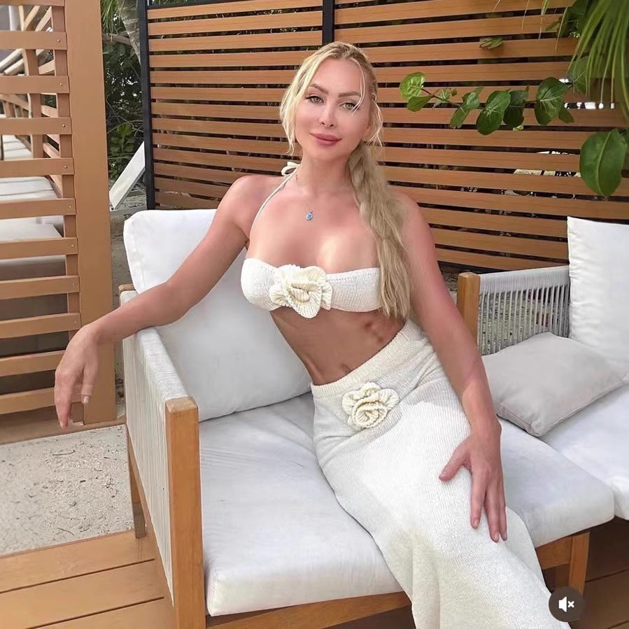 Tube Top Knitted Hollow Flower High Waist Suit Women