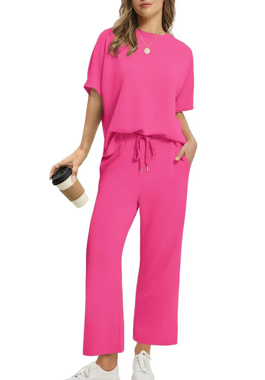 European And American Women's Solid Color Short-sleeved Casual Wide-leg Pants Suit