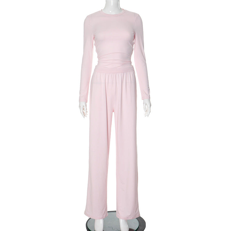 European And American Solid Color Long-sleeved Top Wide Leg Pants Suit Women