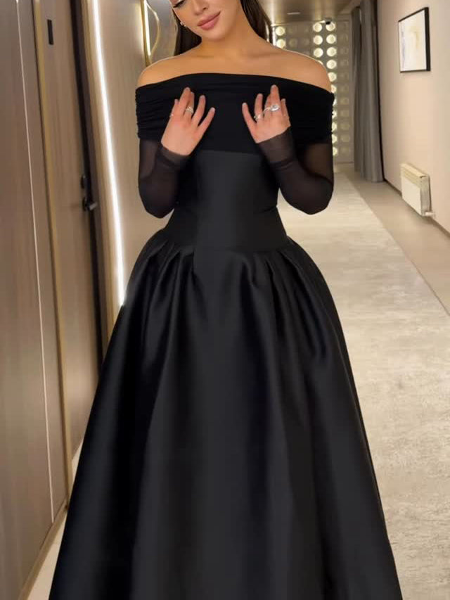 Black Off-Shoulder Mesh Long Sleeve Waist-Cinched Flared Midi Gown
