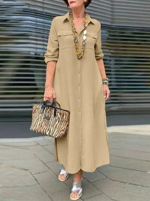 Elegant Solid Color Long Sleeve Button Lapel Dress