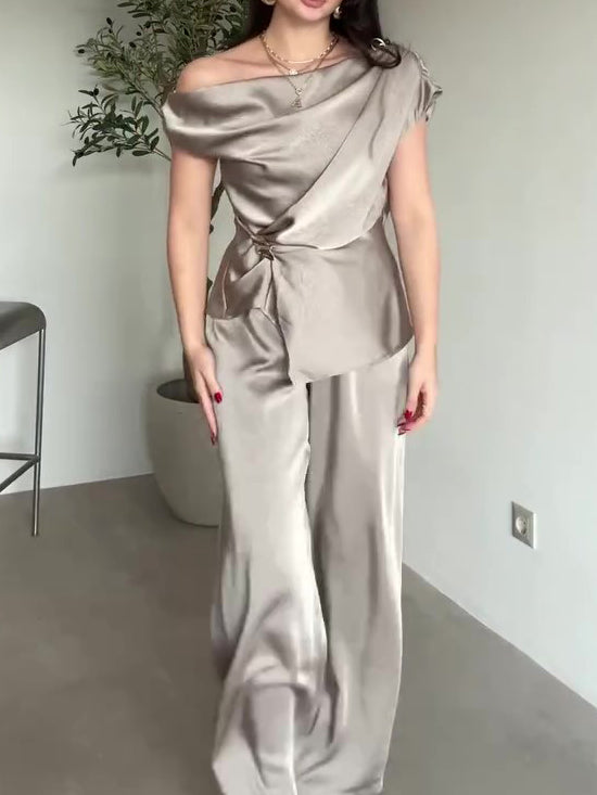 Light Champagne Satin Draped Neck Twist Top & Wide-Leg Pants Set