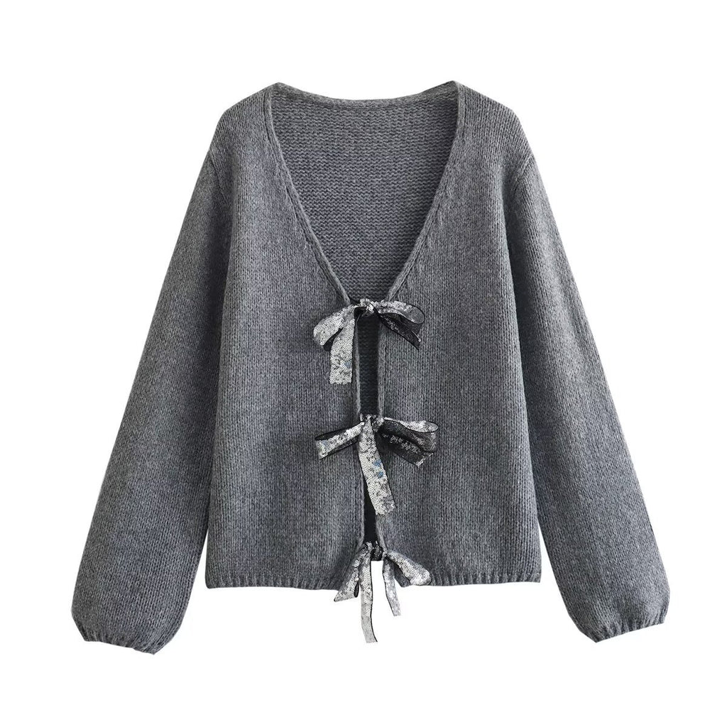 V-neck Long Sleeve Sequined Bow Tie Knitted Cardigan Sweater