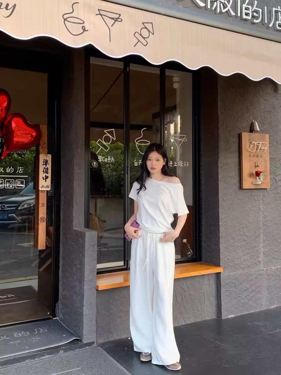 White Drawstring Wide-leg Pants