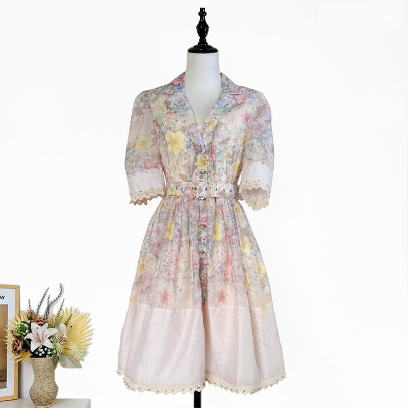 Vintage Printed Heavy Industry Beads Lace Stitching Dress Short And Belt