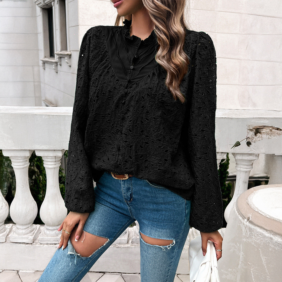 Temperament Leisure Ripped Polo Puff Sleeve Cardigan Button Long Sleeve Top
