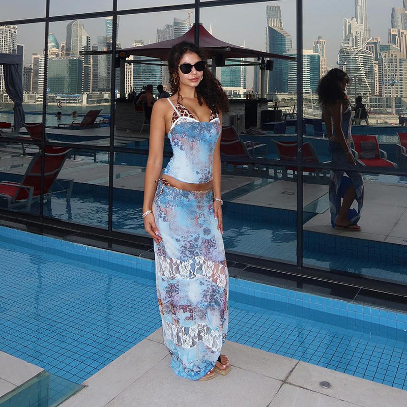 Design Hot Girl Lace Printed Sling Slim Fit High Waist Slit Skirt Suit