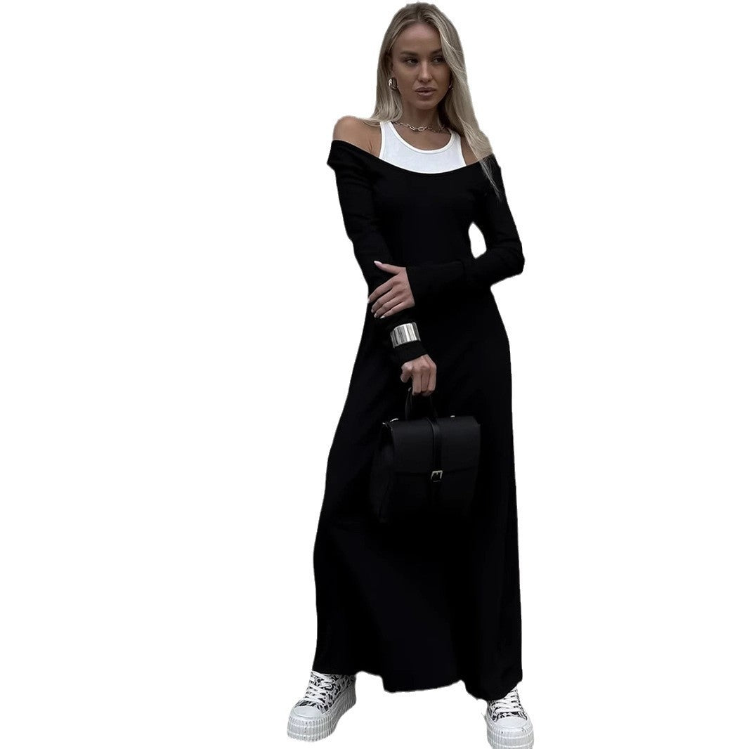 New Long Sleeve Stitching Fake Two-piece Vest Temperament Dress