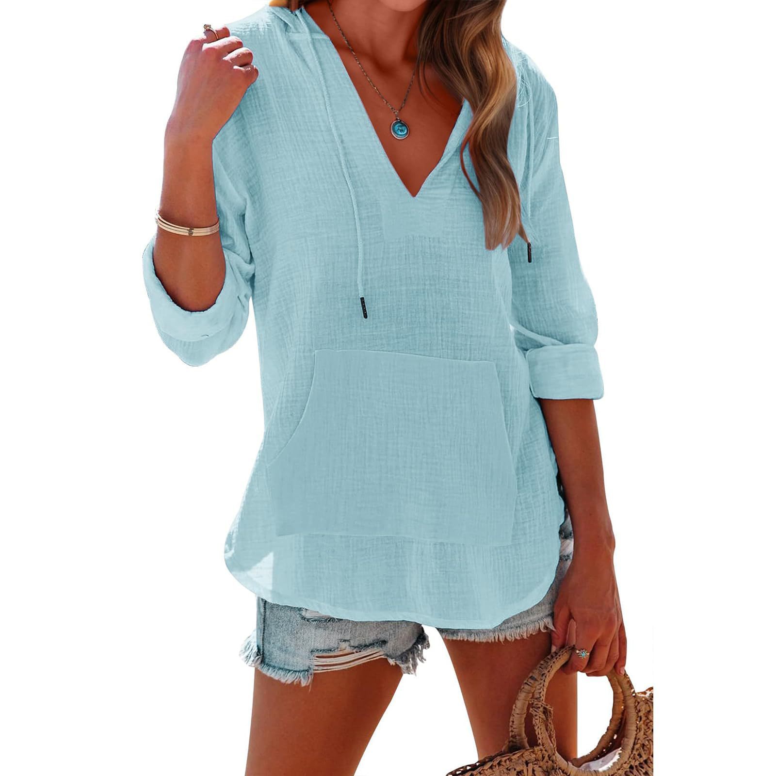 Sports Long Sleeve V-neck Pocket Hooded Women's Shirt Top