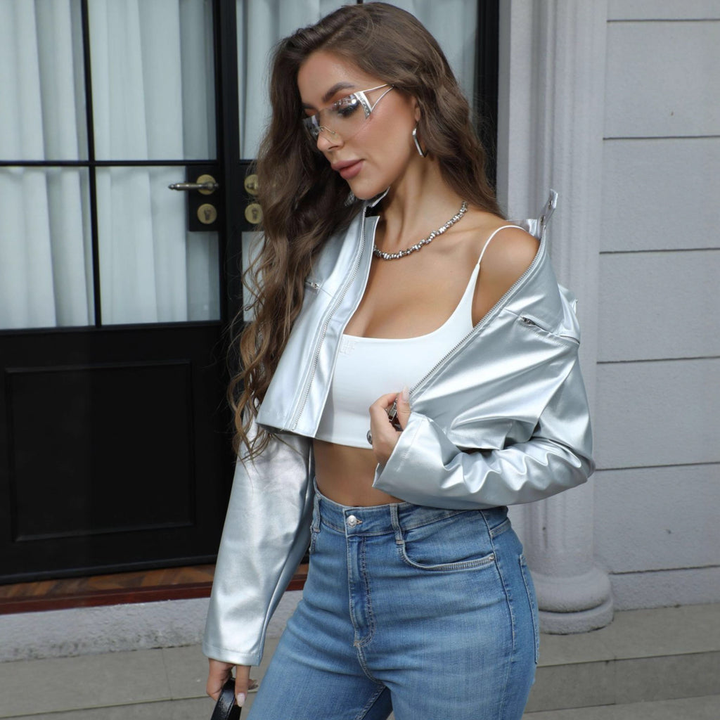 Women's Fashion Metallic Stand-collar Zipper Jacket