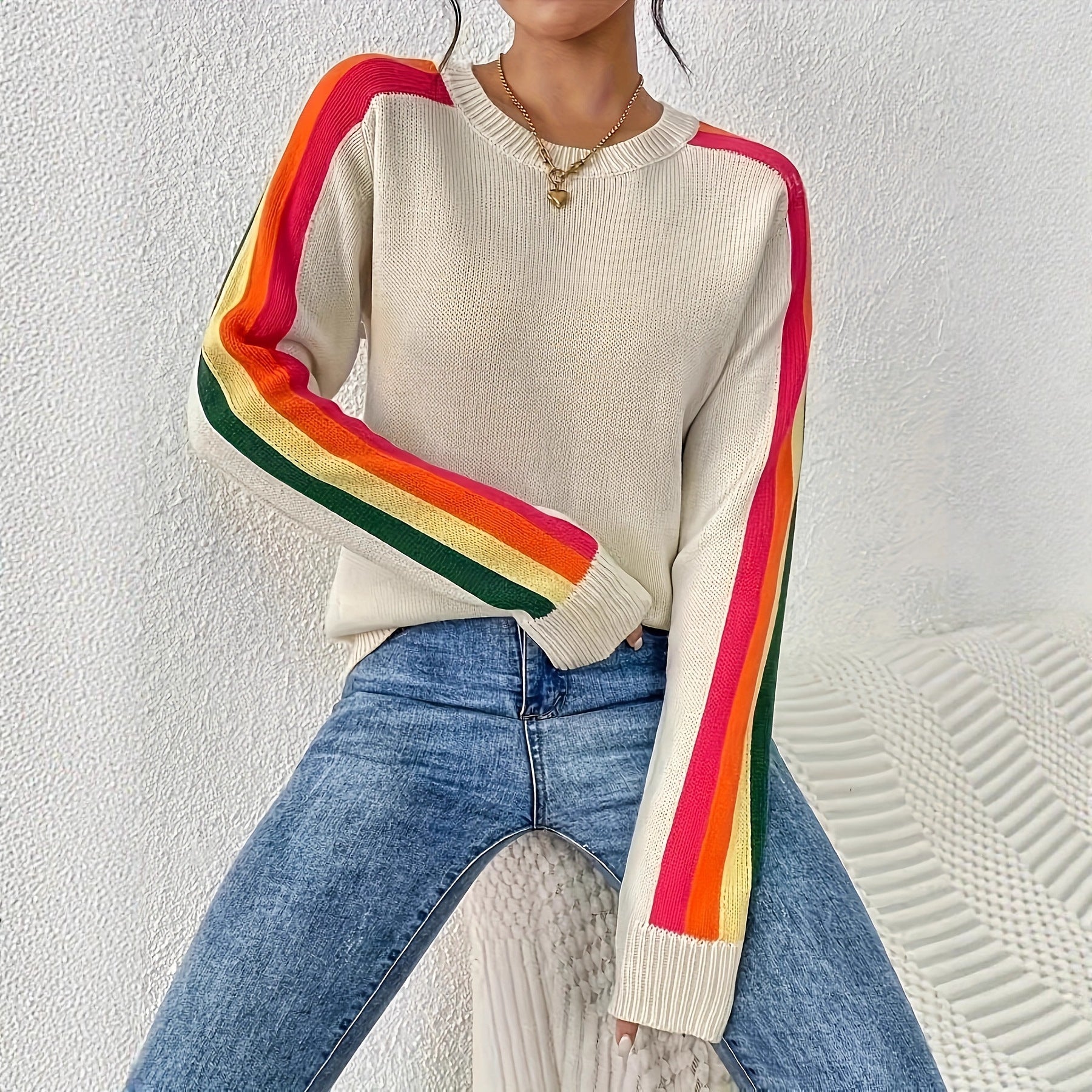 Versatile Round Neck Color-blocked Loose Knit Pullover