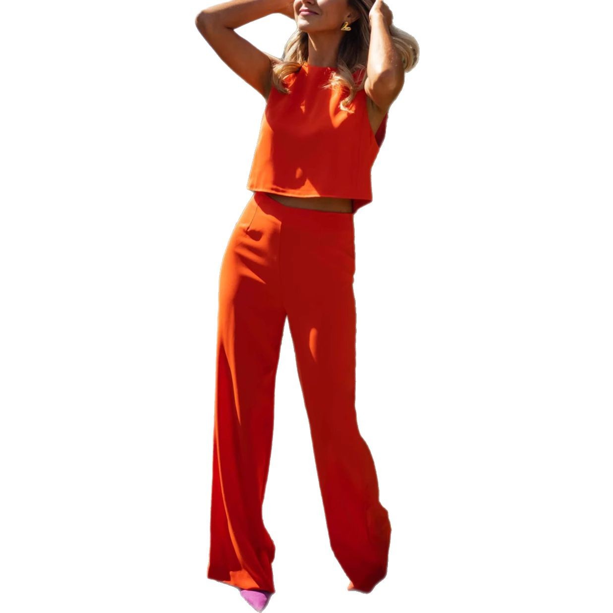 Solid-Color Sleeveless Tank Top And Casual Pants Set