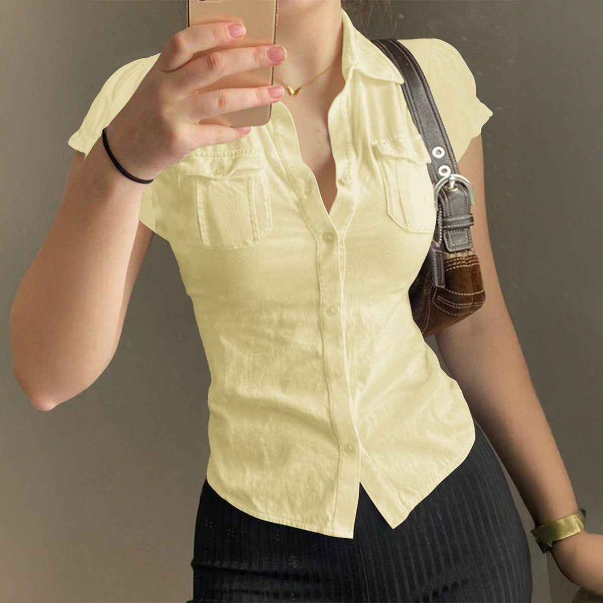 Women's Solid Color Short-sleeved Button Shirt