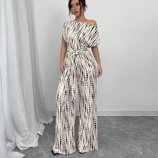 Vacation Style Slant Shoulder Strap Wide Leg Jumpsuit